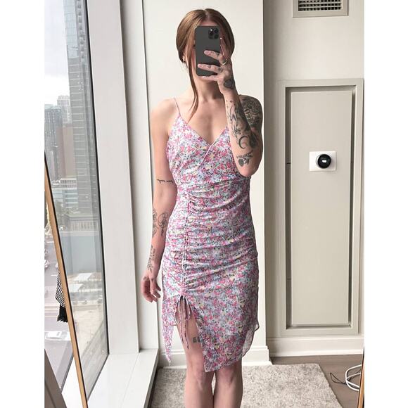 NWT BCBGeneration Ditsy Floral Mesh Ruched Mini Dress Preppy Pink Purple Size 2 - Picture 13 of 14